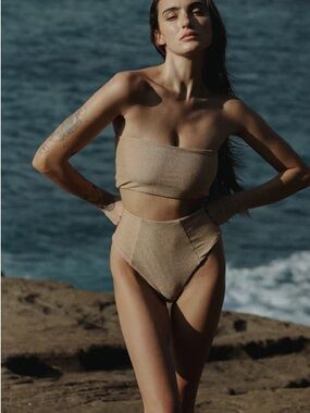 High-Waist Bandeau Swim Set in Shimmering Tan